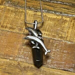Sterling Silver & Black Onyx Dolphin Pendant Necklace, Vintage Y2k